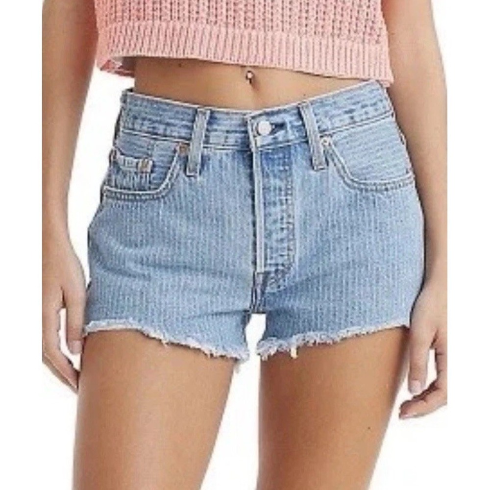 Levi's Women's 501 Shorts Stripes Blue Jean Denim 30 US 10 Button Fly Raw Hem